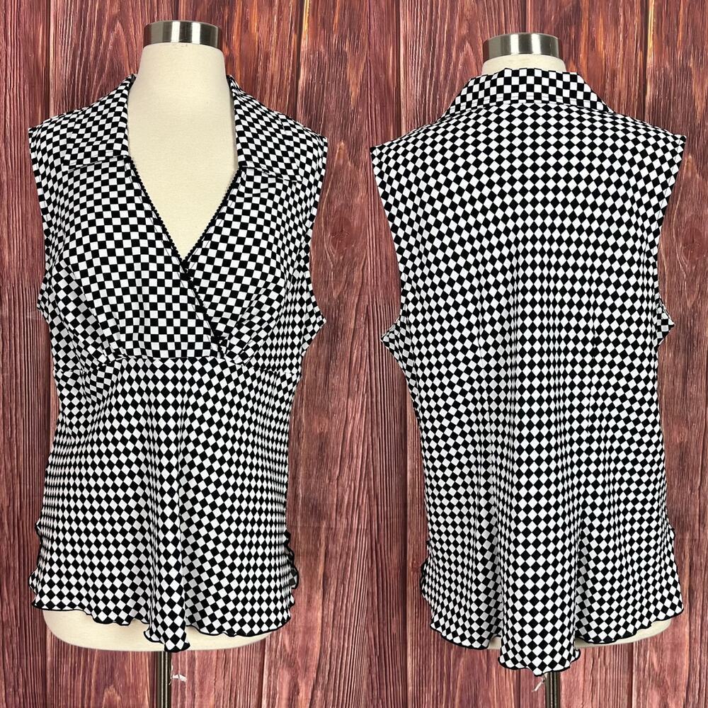 Giorgio firolini Y2K Checkered Sleeveless Top Black & White Collared Size XL